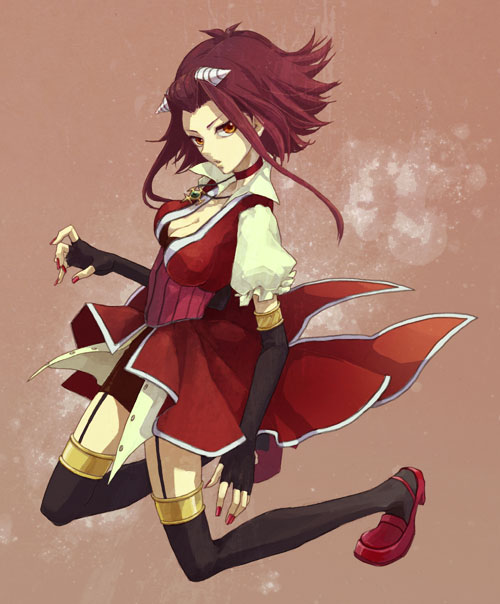 nishikiori, izayoi aki, yu-gi-oh!, yu-gi-oh! 5d's, bad tag, bad id, bad pixiv id, 00s, dress, drill, elbow gloves, gloves, red eyes, red hair, short hair, short hair with long locks, skirt, thighhighs