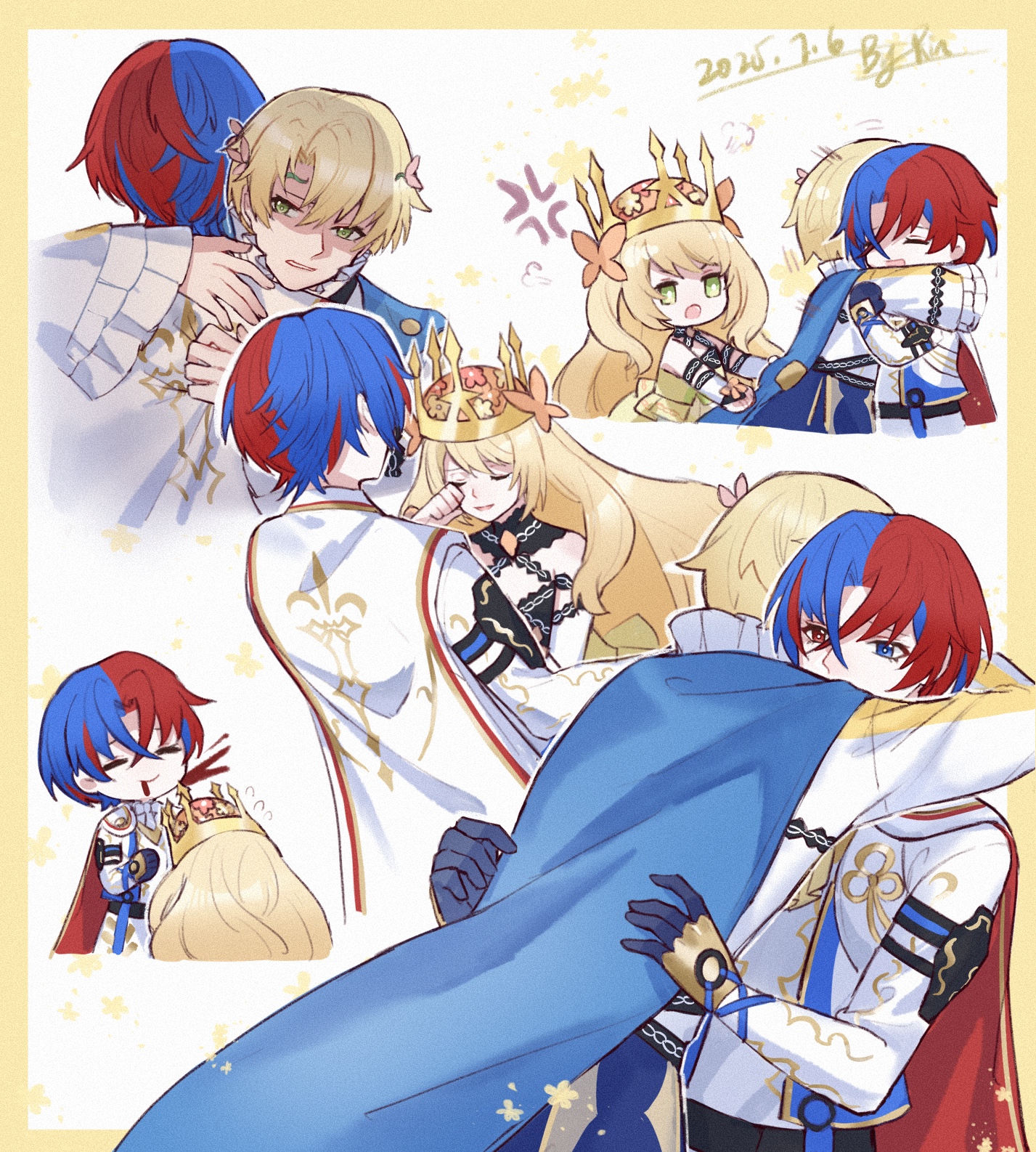 alfred (fire emblem), celine (fire emblem), male alear (fire emblem), fire emblem, fire emblem engage, nintendo, highres, blue eyes, blue gloves, blue hair, bow, butterfly hair ornament, crossed bangs, crown, dress, dress bow, gem, gloves, green eyes, hair between eyes, hair ornament, heterochromia, hug, multicolored hair, orange gemstone, prince, princess, red eyes, red hair, split-color hair, two-tone hair, wrist bow, xinlinxin1, yellow dress