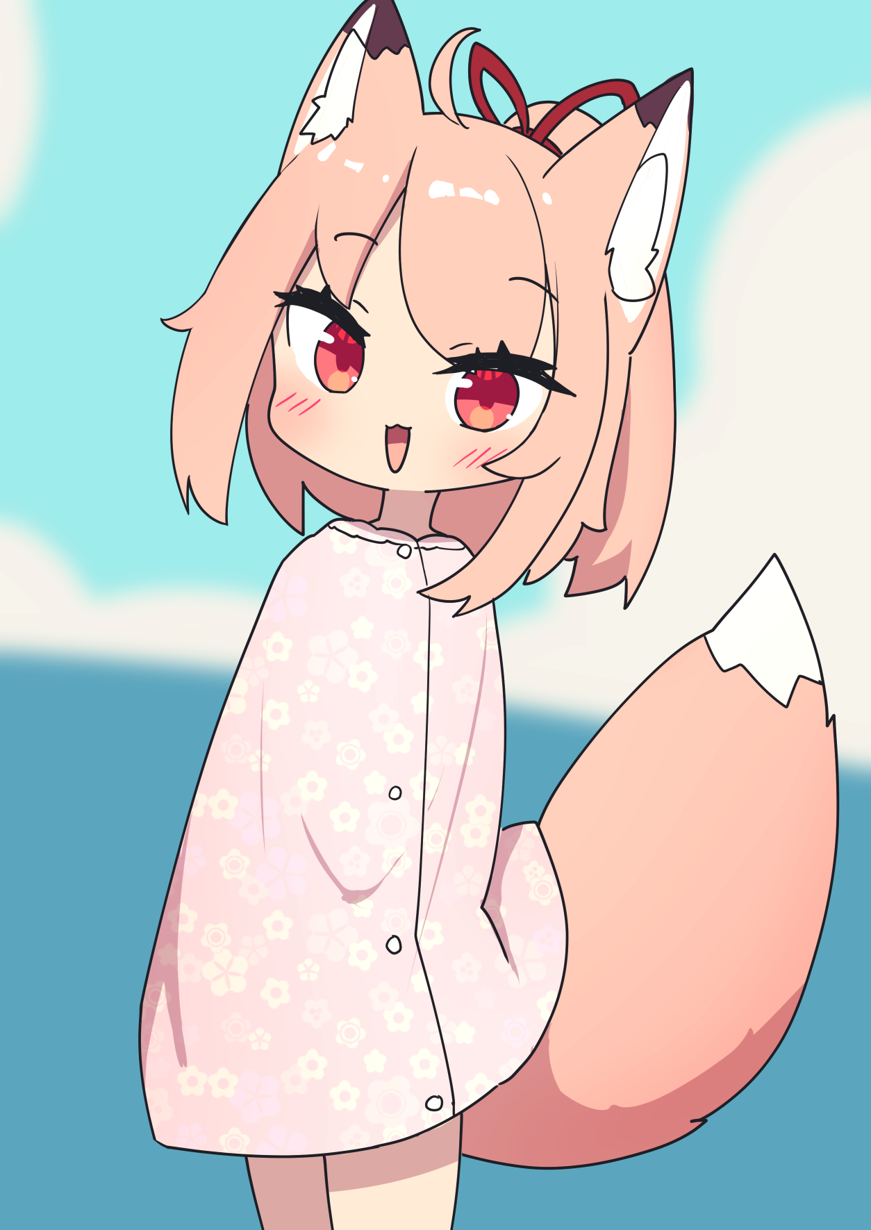 saisoku no yukkuri, original, commentary request, highres, 1girl, :d, ahoge, animal ear fluff, animal ears, blue sky, blurry, blurry background, blush, cloud, day, depth of field, fox ears, fox girl, fox tail, hair ribbon, horizon, looking at viewer, ocean, open mouth, outdoors, pink hair, ponytail, red eyes, red ribbon, ribbon, short hair, sky, smile, solo, standing, tail, wrap towel