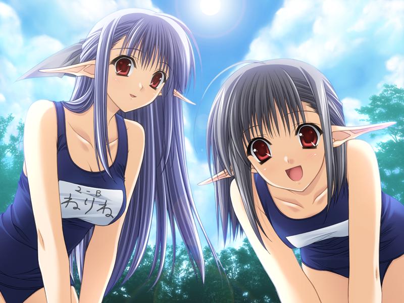 suzuhira hiro, ai (tick! tack!), nerine, sage (tick! tack!), shuffle!, tick! tack!, game cg, official art, 00s, 2girls, age difference, black hair, blue hair, long hair, mother and daughter, multiple girls, name tag, one-piece swimsuit, red eyes, school swimsuit, short hair, sky, swimsuit