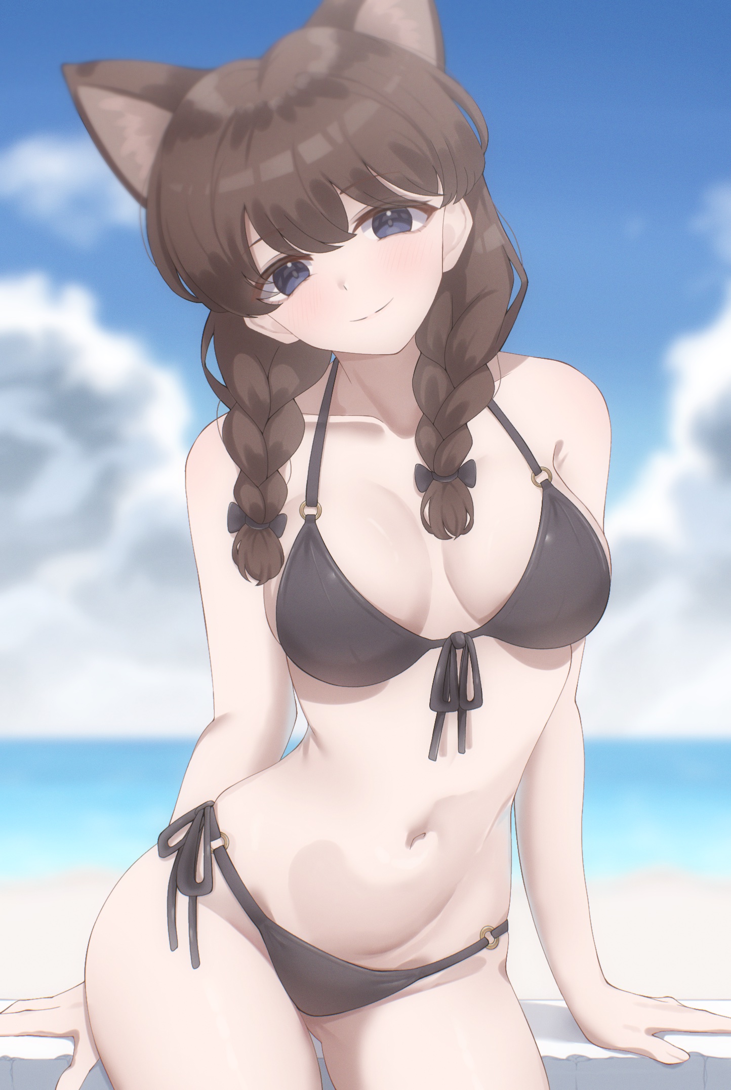 minya (nyanko daisensou), nyanko daisensou, highres, 1girl, animal ears, black eyes, black hair, blue eyes, braid, breasts, cat ears, jin23252, looking at viewer, smile, solo, swimsuit, underwear