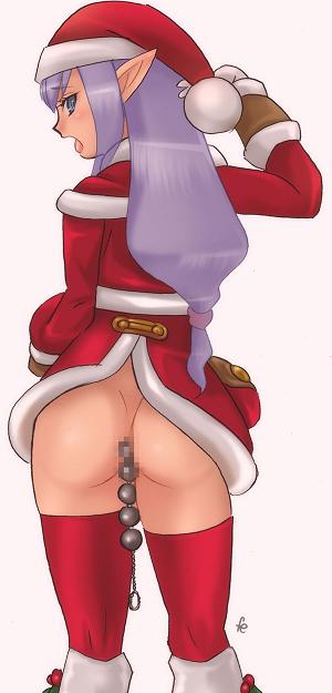 prishe, final fantasy, final fantasy xi, tagme, 00s, 1girl, anal, anal beads, ass, censored, christmas, long hair, pointy ears, purple eyes, purple hair, sex toy, thighhighs