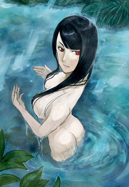 nishima, nishima kin, original, 1girl, ass, back, black hair, breasts, female focus, large breasts, long hair, looking back, nude, red eyes, solo, water
