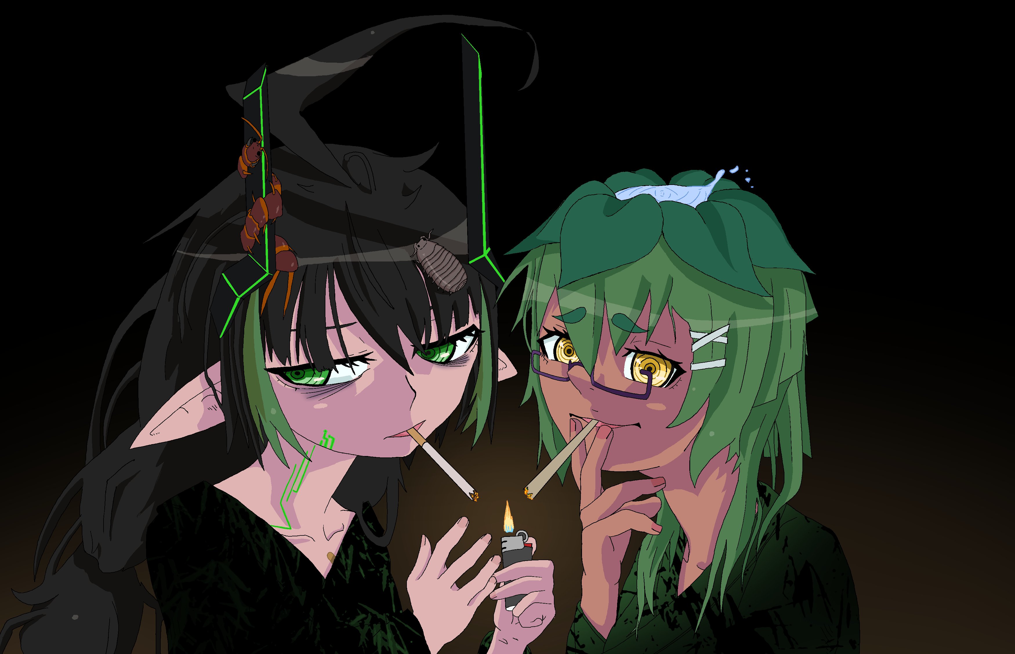 joeychimney, elfinpsyop, nono nozomi, indie virtual youtuber, absurdres, highres, 2025, 2girls, black hair, cigarette, green eyes, green hair, lighter, multiple girls, pointy ears, smoking, yellow eyes