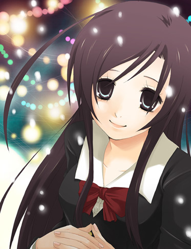 yuko (uc yuk), katsura kotonoha, school days, lowres, 00s, 1girl, bow, christmas, female focus, long hair, red bow, ribbon, school uniform, serafuku, smile, snow, solo