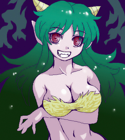 ebi tendon, original, lowres, 1girl, arm under breasts, breasts, cone horns, female focus, green hair, horns, large breasts, long hair, oekaki, oni, pointy ears, solo, striped horns, very long hair