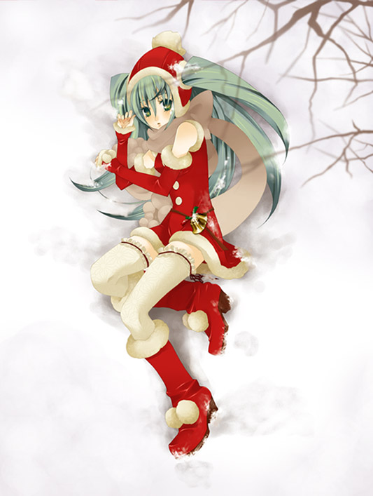 yuko (uc yuk), hatsune miku, vocaloid, red footwear, 1girl, bare shoulders, bell, blush, boots, christmas, detached sleeves, earflap hat, female focus, green eyes, green hair, hat, hat pompom, long hair, matching hair/eyes, santa costume, shoes, snow, solo, thighhighs, twintails