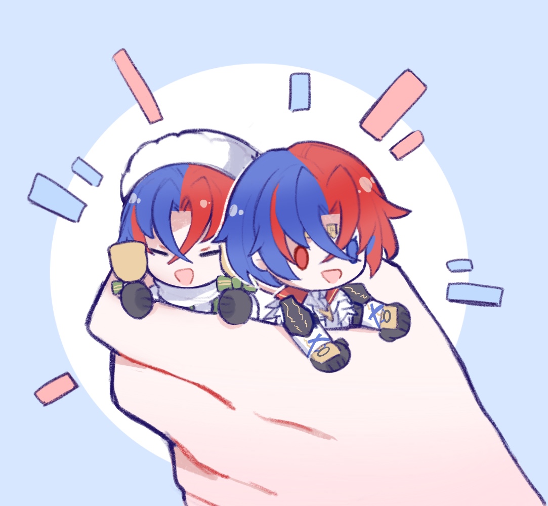 male alear (fire emblem), male alear (gifted dragons) (fire emblem), fire emblem, fire emblem engage, fire emblem heroes, nintendo, 2boys, aqua fur, bell, blue eyes, blue gloves, blue hair, chibi, crossed bangs, fur wrist cuffs, gloves, hair between eyes, heterochromia, holding, holding bell, male focus, multicolored hair, multiple boys, prince, red eyes, red hair, split-color hair, two-tone hair, wrist cuffs, xinlinxin1