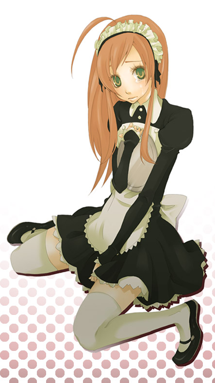 yuko (uc yuk), 1girl, brown hair, female focus, hat, long hair, maid, sitting, skirt, solo, tears, thighhighs