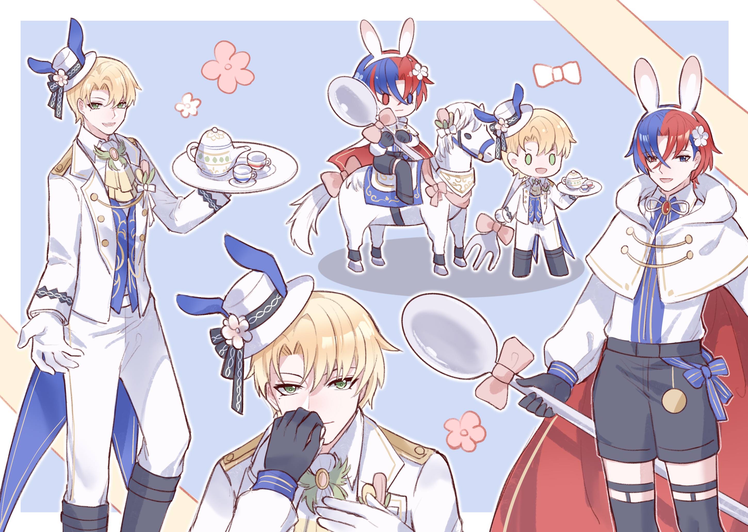 alfred (fire emblem), male alear (fire emblem), fire emblem, fire emblem engage, nintendo, highres, 1other, 2boys, alternate costume, blonde hair, blue eyes, blue hair, crossed bangs, cup, easter, green eyes, heterochromia, holding, holding spoon, holding tray, horseback riding, male focus, multicolored hair, multiple boys, red eyes, red hair, riding, split-color hair, spoon, teacup, teapot, tray, two-tone hair, xinlinxin1