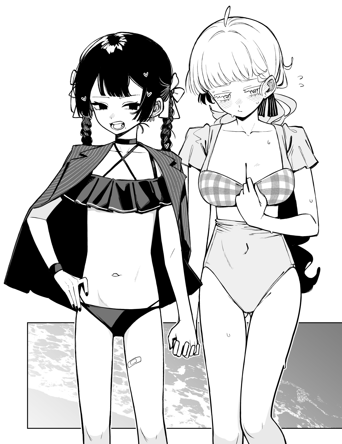 num (angrynum), original, braided twintails, commentary, highres, symbol-only commentary, 2girls, bandaid on thigh, bikini, black hair, black nails, blush, braid, breasts, closed mouth, feet out of frame, flat chest, flying sweatdrops, greyscale, heart, holding hands, large breasts, looking at another, looking to the side, monochrome, multiple girls, navel, open mouth, pulling own clothes, swimsuit