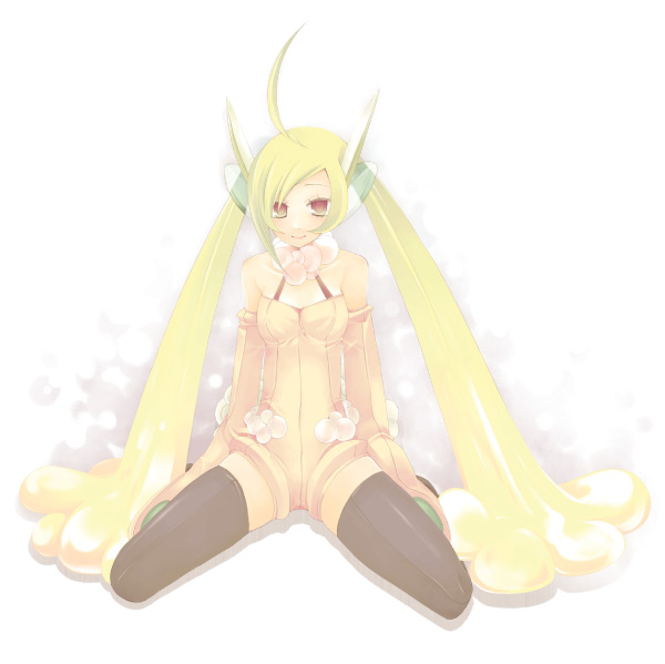 yuko (uc yuk), 1girl, blonde hair, blush, brown eyes, female focus, long hair, sitting, solo, spread legs, thighhighs, twintails