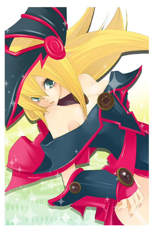 yuko (uc yuk), dark magician girl, yu-gi-oh!, yu-gi-oh! duel monsters, 1girl, alternate color, bare shoulders, blonde hair, blush, collar, detached sleeves, duel monster, female focus, gloves, green eyes, hat, long hair, pentacle, solo, witch hat, wizard hat