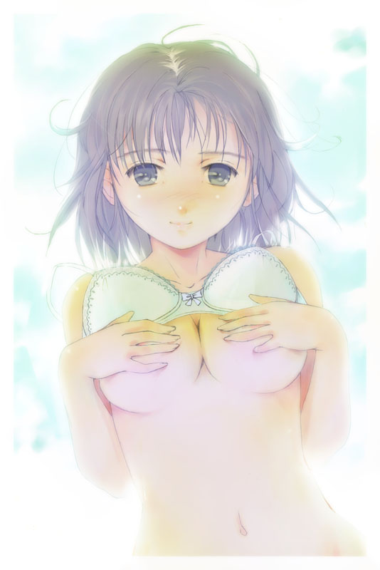 yurikuta tsukumi, bad id, bad pixiv id, 1girl, blush, bra, breasts, brown eyes, brown hair, cleavage, covering privates, female focus, large breasts, lingerie, navel, short hair, solo, underboob, underwear