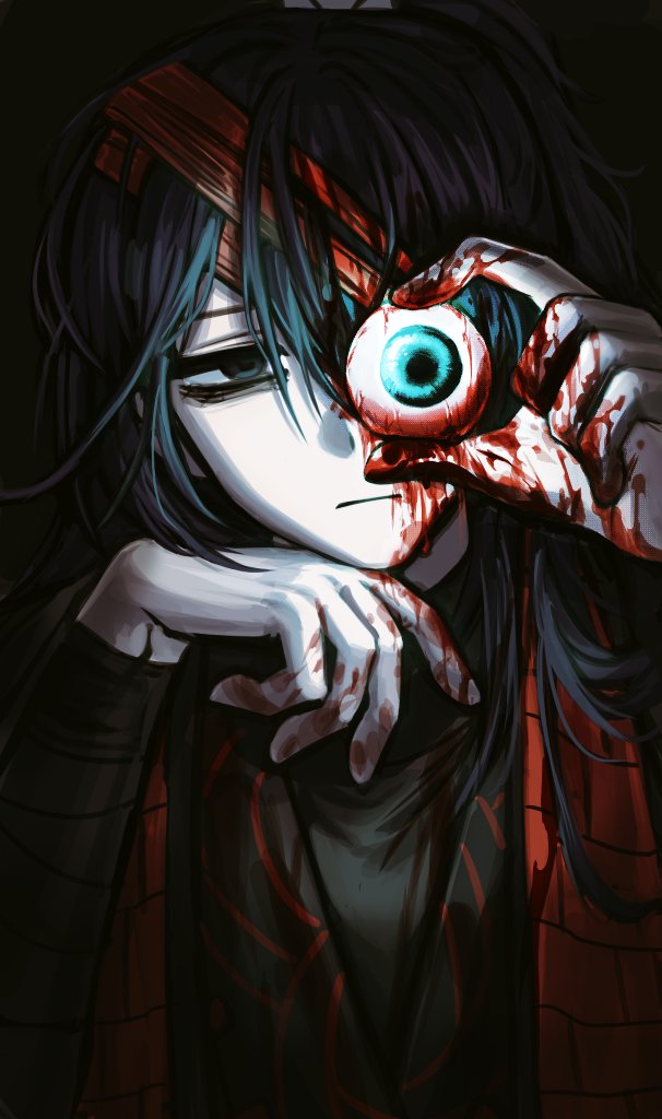 nra 3614, hong lu (project moon), limbus company, project moon, 1boy, aqua eyes, arm wrap, bandage over one eye, black background, black eyes, black hair, black hanfu, black sweater, blood, chinese clothes, disembodied eye, family hierarch candidate (identity) (project moon), hanfu, high ponytail, long hair, looking at viewer, male focus, ponytail, simple background, solo, stole, sweater, upper body