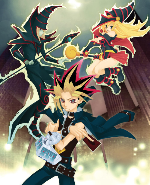yuko (uc yuk), dark magician, dark magician girl, muto yugi, yami yugi, yu-gi-oh!, yu-gi-oh! duel monsters, 1girl, 2boys, armlet, bare shoulders, belt, belt skirt, black hair, blonde hair, blush, boots, colored bangs, detached sleeves, duel disk, duel monster, hat, jewelry, long hair, multiple boys, red hair, skirt, staff, witch hat, wizard hat