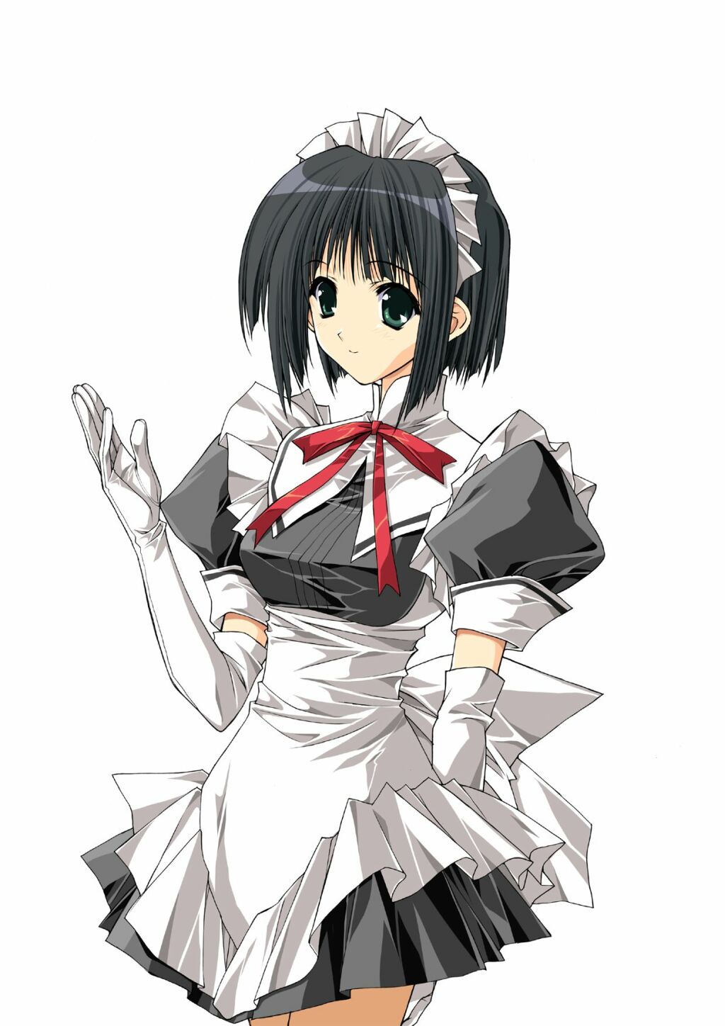 suzuhira hiro, highres, black hair, elbow gloves, gloves, green eyes, maid, short hair, solo