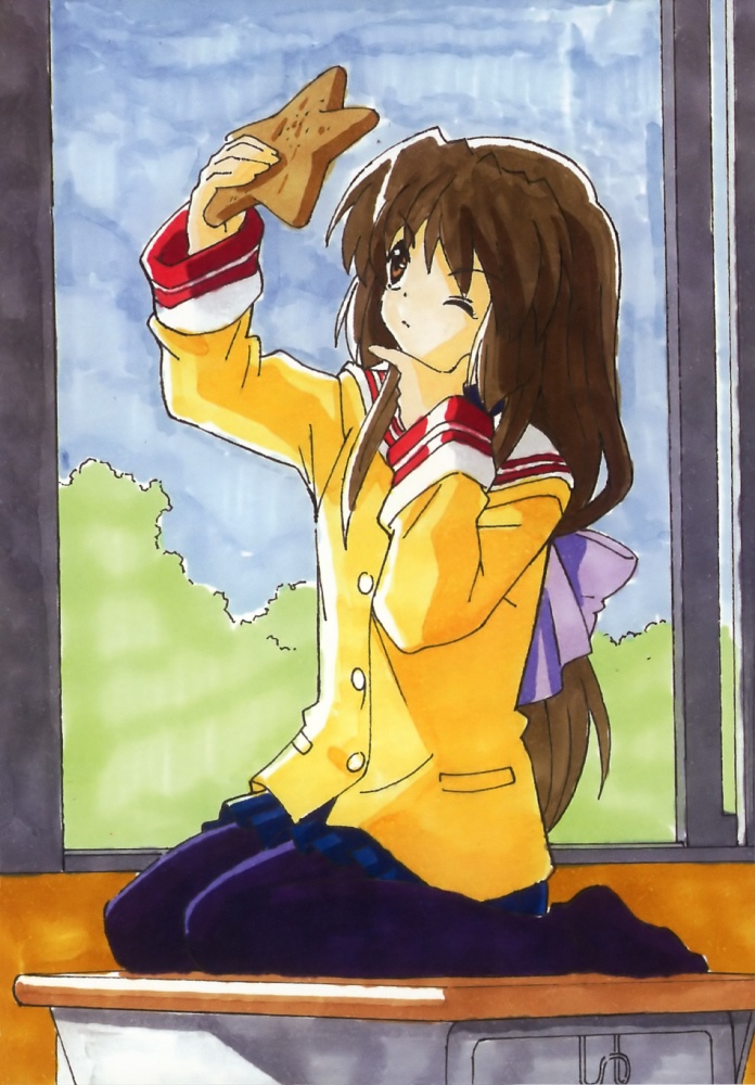 ibuki fuuko, clannad, 00s, desk, feet, kneeling, one eye closed, pantyhose, school uniform, serafuku, socks, solo, starfish, wink