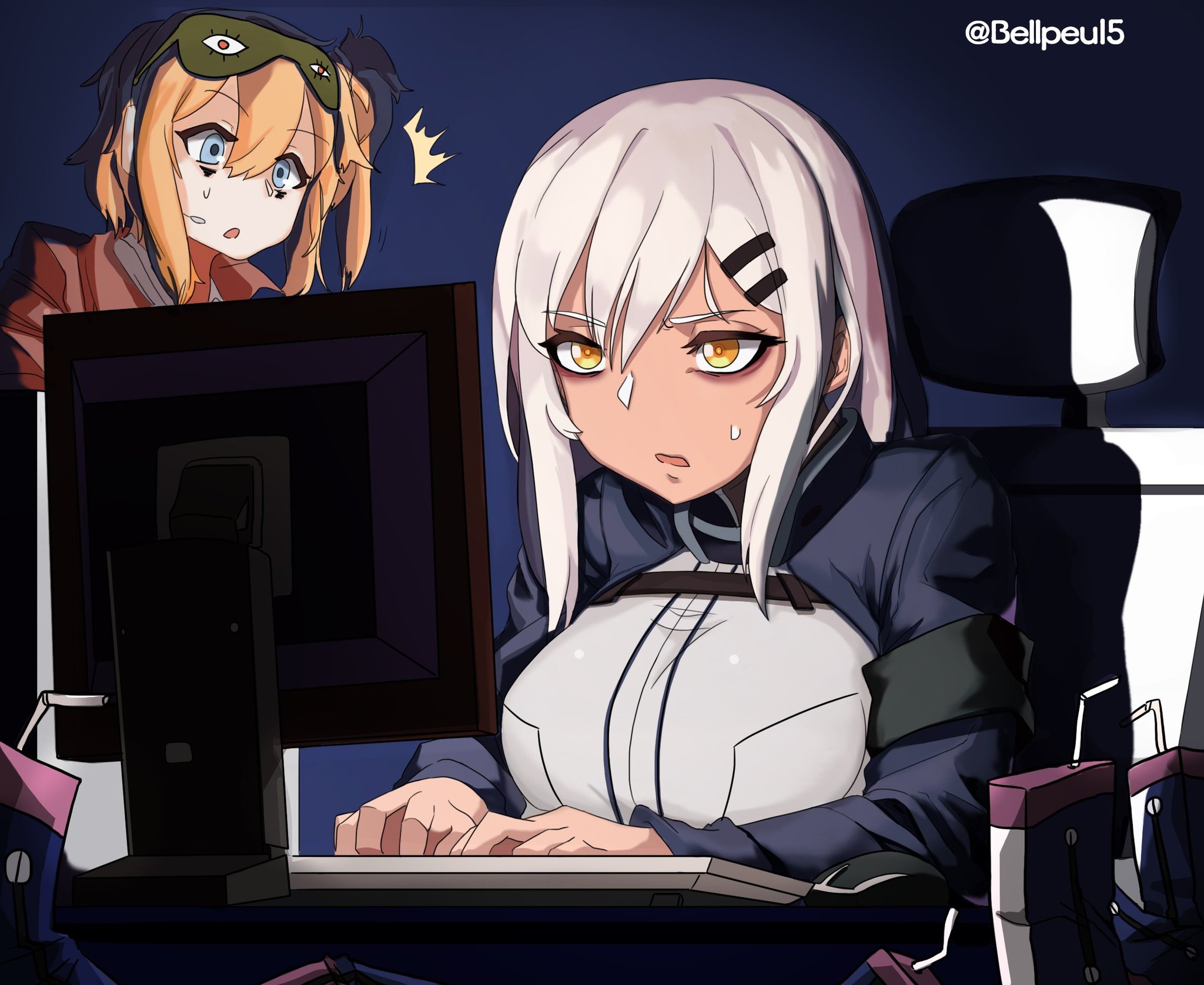 bellpeu15, kalina (girls' frontline), m590 (girls' frontline), girls' frontline, commentary request, highres, korean commentary, 2girls, bags under eyes, blonde hair, blue eyes, breasts, carton, chair, hair ornament, hairclip, headset, jacket, large breasts, mask, mask on head, monitor, multiple girls, office chair, one side up, orange eyes, sleep mask, sweatdrop, swivel chair, twitter username, white hair