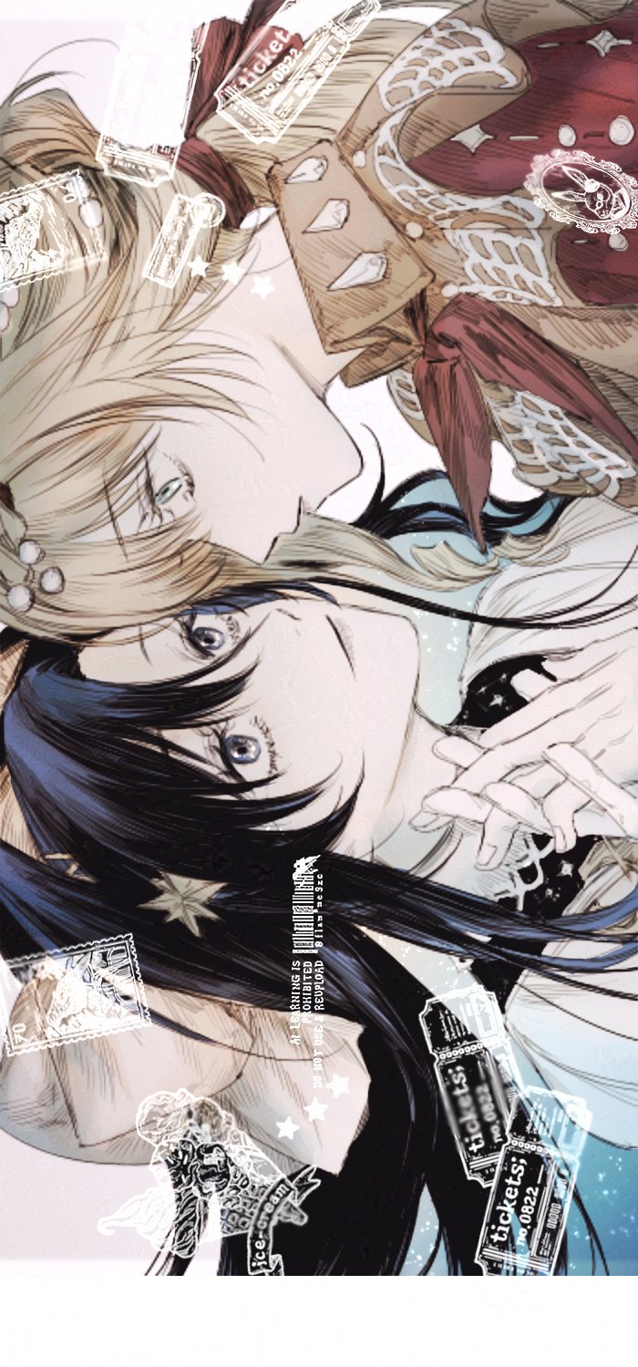 voyager (reverse:1999), reverse:1999, highres, 2girls, blonde hair, blue eyes, blue hair, brown dress, closed mouth, colored inner hair, dress, eye contact, face-to-face, grey background, gyujik qzc, hair ornament, hand up, holding hands, interlocked fingers, kiperina, long hair, looking at another, multicolored hair, multiple girls, neckerchief, portrait, red neckerchief, sideways, smile, star (symbol), star hair ornament, white dress