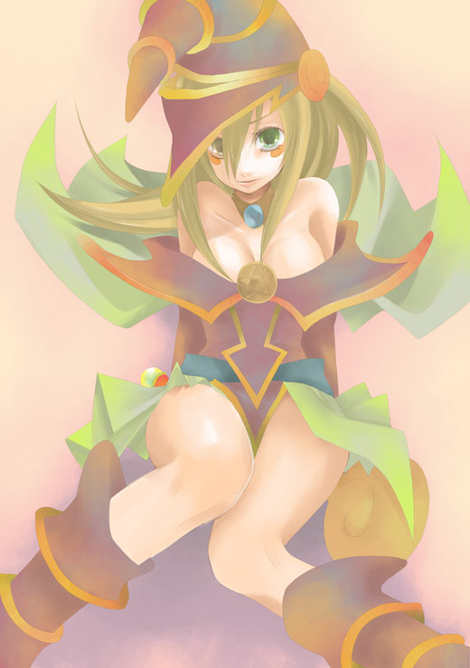 yuko (uc yuk), dark magician girl, yu-gi-oh!, yu-gi-oh! duel monsters, bad id, bad pixiv id, 1girl, blonde hair, blush, boots, breasts, detached sleeves, duel monster, female focus, green eyes, hat, large breasts, long hair, pentacle, solo, witch hat, wizard hat