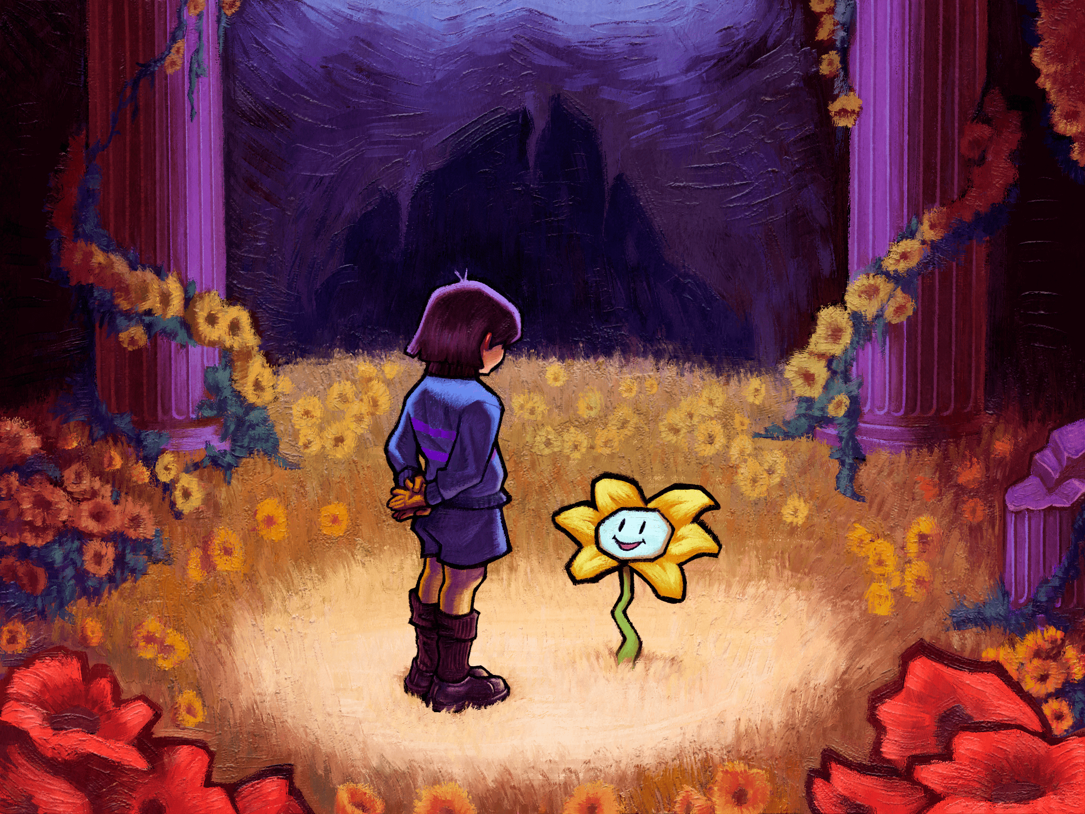 name is less, flowey (undertale), frisk (undertale), undertale, utdr (toby fox), highres, 1boy, 1other, anniversary, arms behind back, boots, brown hair, cave, colored skin, field, flower, flower pot, pillar, red flower, smile, striped clothes, sweater, yellow flower, yellow skin