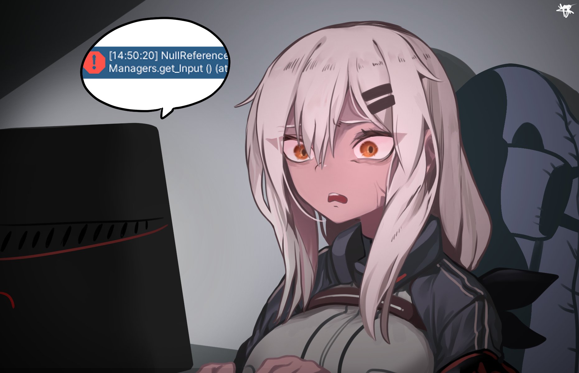 bellpeu15, m590 (girls' frontline), girls' frontline, commentary request, highres, korean commentary, 1girl, anger vein, breasts, chair, eyes visible through hair, frown, gaming chair, jacket, large breasts, monitor, open mouth, orange eyes, programming (topic), signature, solo, swivel chair, upper body, white hair