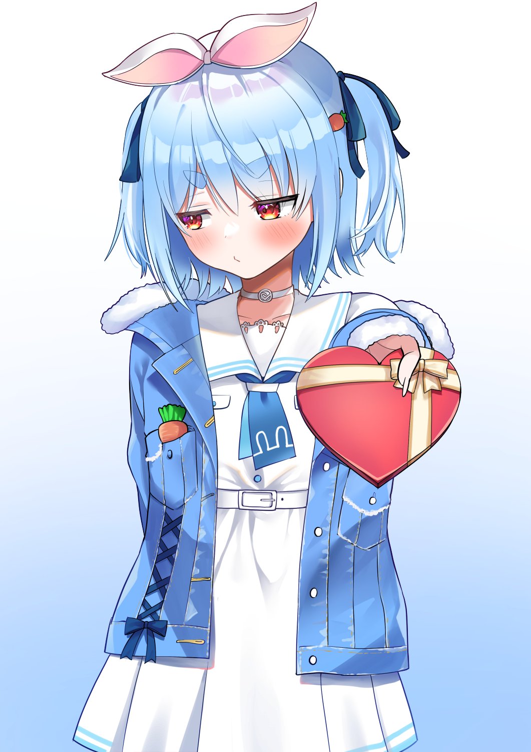 usada pekora, hololive, commentary request, highres, 1girl, averting eyes, belt, blue hair, blue jacket, blue ribbon, blush, candy, carrot hair ornament, chocolate, chocolate heart, cowboy shot, dress, food, food-themed hair ornament, gradient background, hair ornament, hair ribbon, heart, heart-shaped food, incoming gift, jacket, open clothes, open jacket, red eyes, ribbon, sailor collar, sailor dress, short hair, solo, sumida yuuki, two side up, valentine, virtual youtuber, white belt, white dress, white sailor collar