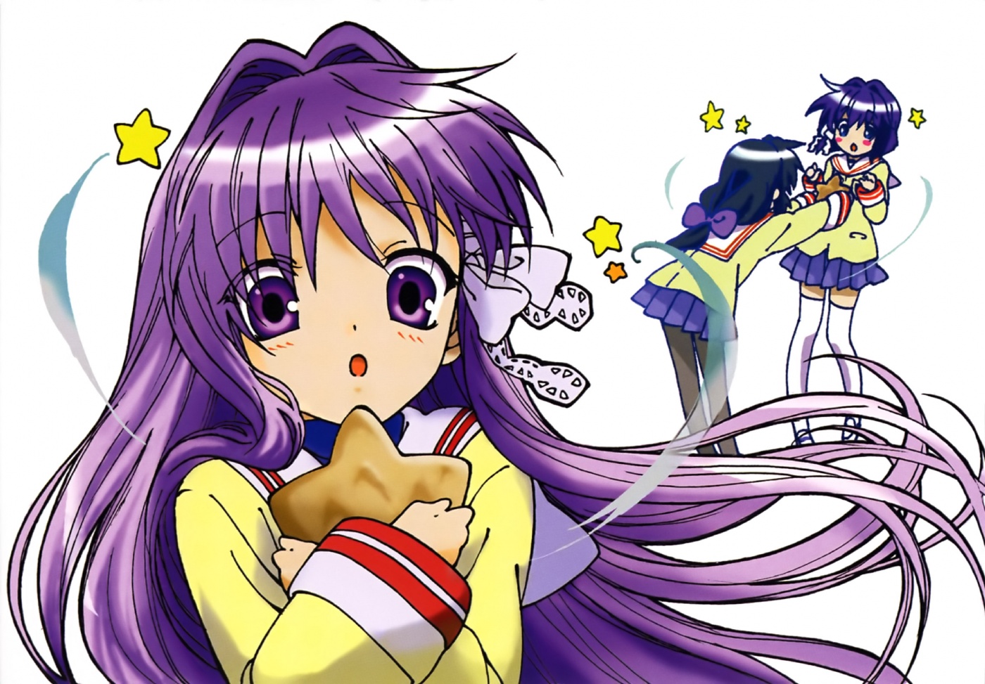 fujibayashi kyou, fujibayashi ryou, ibuki fuuko, clannad, 00s, 3girls, multiple girls, pantyhose, school uniform, serafuku, siblings, sisters, star (symbol), starfish, twins
