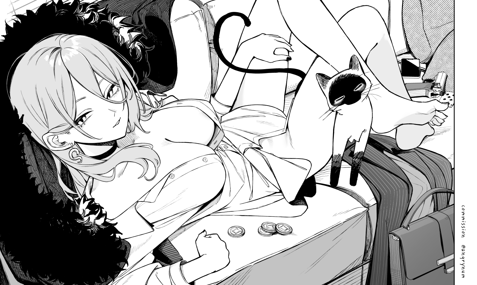 num (angrynum), original, walther, commission, highres, 1girl, areola slip, artist name, barefoot, black nails, breasts, briefcase, card, cat, choker, coin, earrings, from above, full body, greyscale, gun, hand on own thigh, handgun, jewelry, large breasts, long hair, looking at viewer, loose clothes, loose shirt, lying, monochrome, on back, parted lips, playing card, shirt, solo, walther ppk, weapon