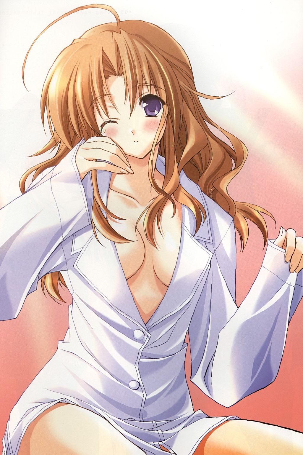 suzuhira hiro, hazuki ayane, aikagi, highres, 1girl, ahoge, blonde hair, blush, breasts, cleavage, dress shirt, female focus, medium breasts, nightshirt, no bra, one eye closed, purple eyes, shirt, sideboob, solo, white shirt, wink