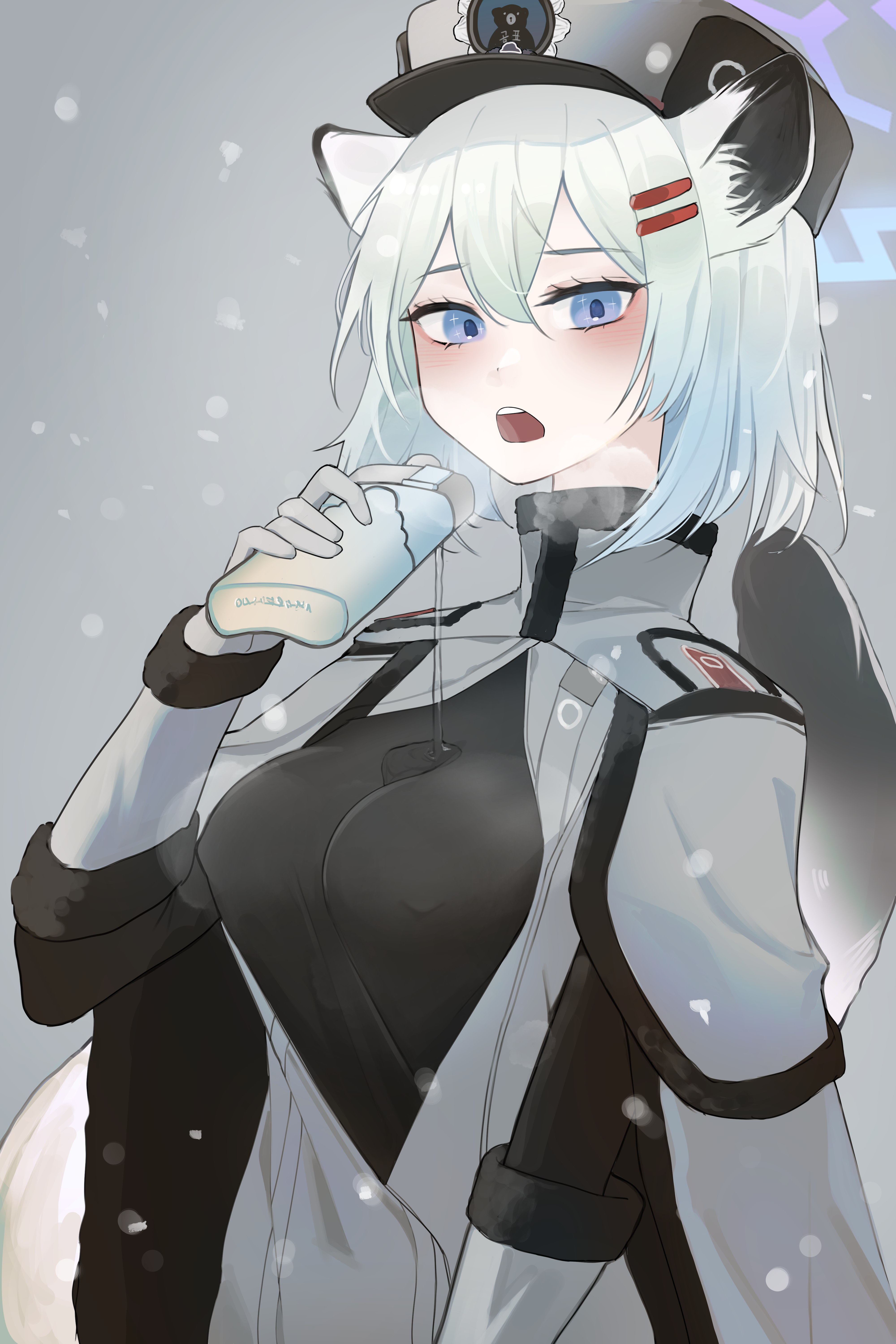 ka keo, shigure (blue archive), blue archive, absurdres, highres, 1girl, animal ear fluff, animal ears, black shirt, blue eyes, blush, breasts, breath, capelet, coat, cold, covered erect nipples, cowboy shot, double-parted bangs, eyelashes, flask, fur-trimmed capelet, fur-trimmed sleeves, fur trim, green hair, grey capelet, grey coat, grey hat, hair between eyes, hair ornament, hairclip, halo, hand up, hat, hip flask, holding, holding flask, large breasts, long sleeves, looking at viewer, medium hair, open clothes, open coat, open mouth, outdoors, parallel hairclips, peaked cap, pouring, pouring onto self, purple halo, shirt, snowing, solo, sparkling eyes, straight hair, tail, tail raised, teeth, tsurime, upper teeth only, weasel ears, weasel girl, weasel tail, winter