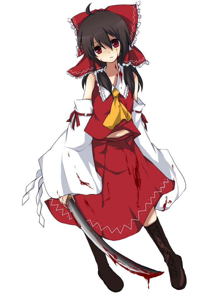 akina, hakurei reimu, touhou, bad id, bad pixiv id, 1girl, ascot, blood, boots, bow, brown hair, detached sleeves, female focus, hair bow, hair tubes, head tilt, japanese clothes, katana, long hair, looking at viewer, miko, red eyes, ribbon, simple background, skirt, skirt set, solo, standing, sword, weapon, white background, wide sleeves