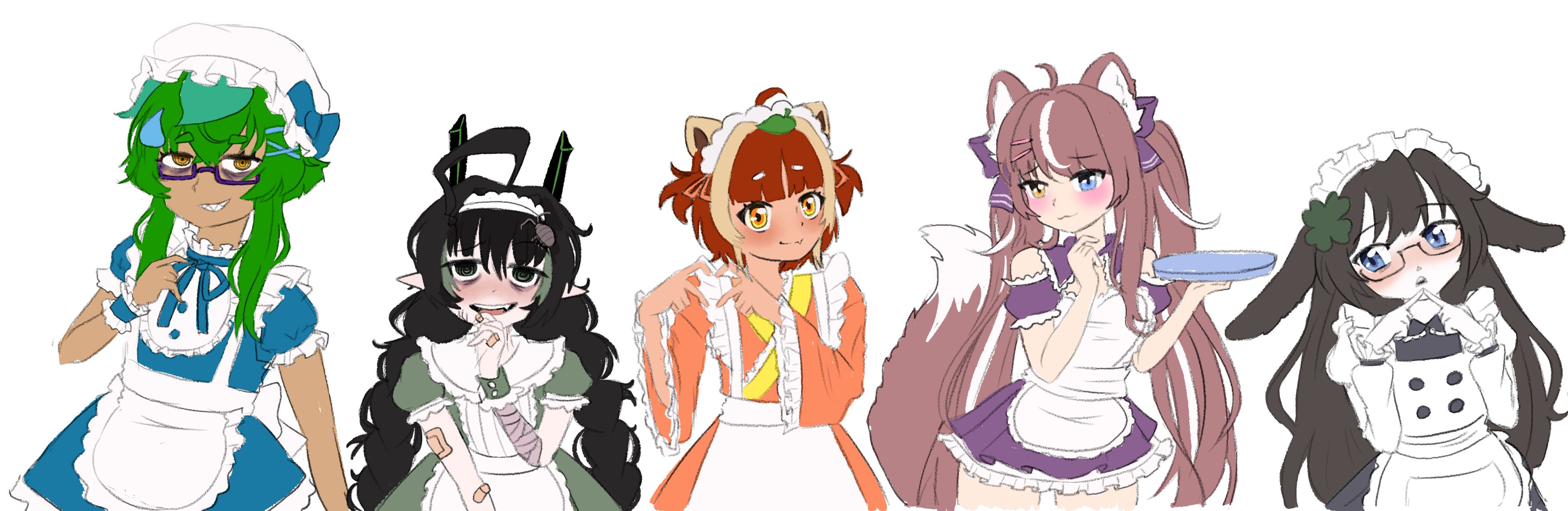 nonoxnobody, bunnyonvt, elfinpsyop, kam0tan, kikipyonpyon, nono nozomi, spukycat, indie virtual youtuber, absurdres, highres, 5girls, apron, blush, maid apron, maid headdress, multiple girls, white background