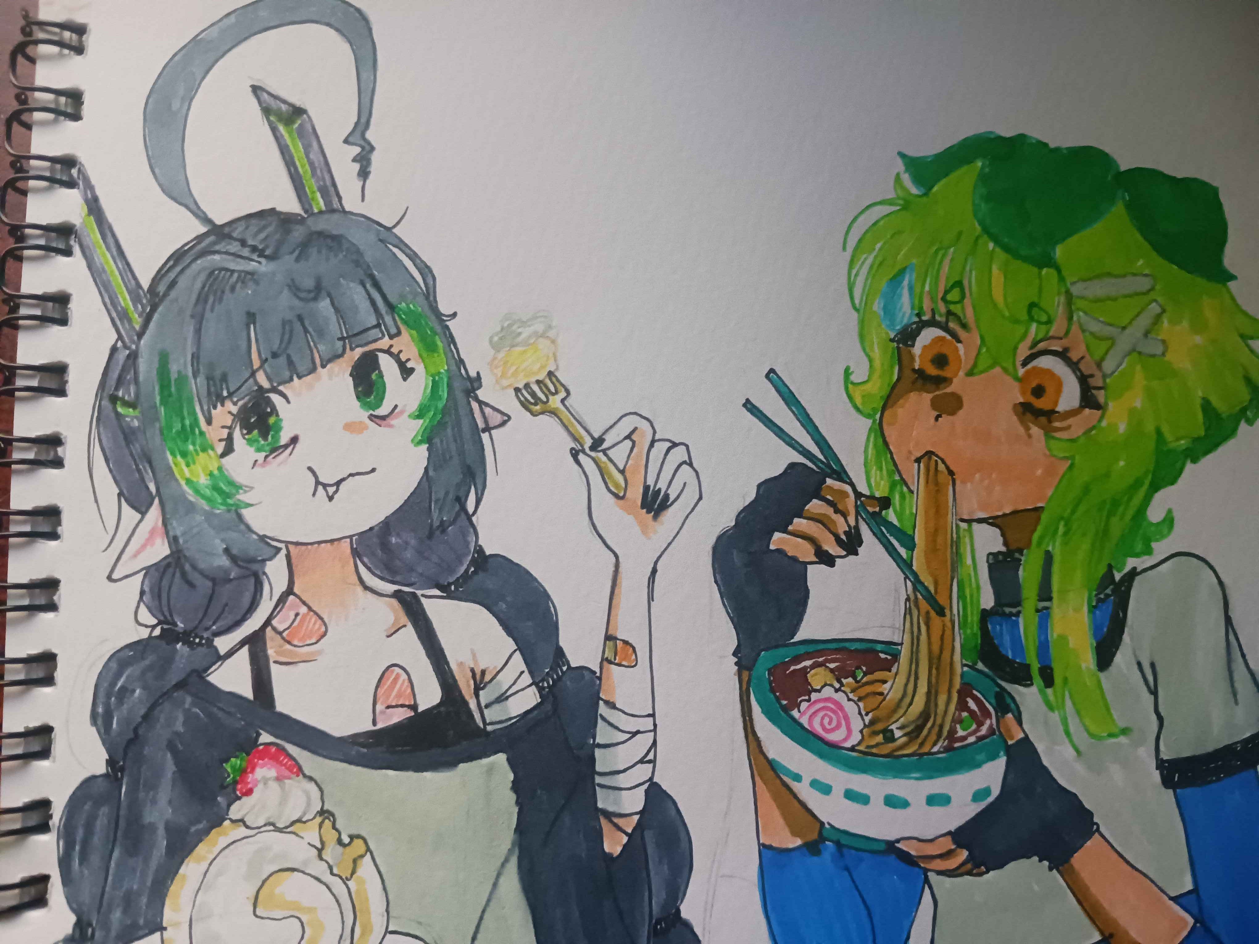 nonoxnobody, elfinpsyop, nono nozomi, indie virtual youtuber, absurdres, highres, photo (medium), 2025, 2girls, ahoge, bandages, black hair, eating, fang, food, fork, green hair, multiple girls, noodles, pointy ears