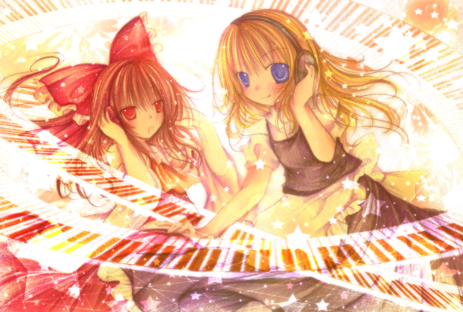 kasuga sunao, hakurei reimu, kirisame marisa, touhou, bad id, bad pixiv id, 2girls, blonde hair, female focus, instrument, japanese clothes, long hair, miko, multiple girls, piano, ribbon, skirt