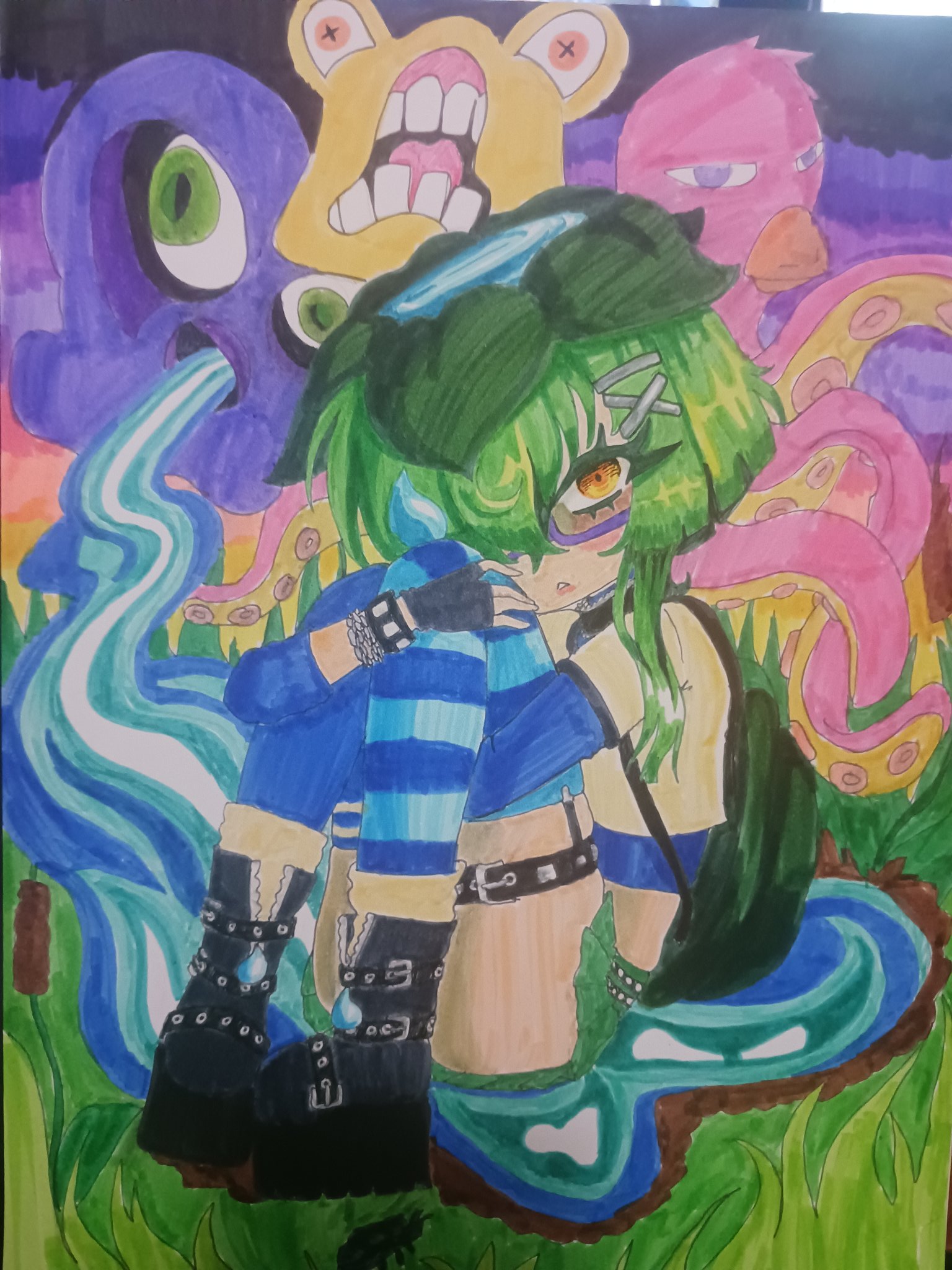nonoxnobody, nono nozomi, indie virtual youtuber, highres, 1girl, 1other, 2025, black boots, boots, bug, glasses, grass, green hair, sitting