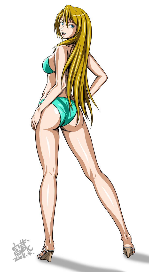 tomizofu, aqua bikini, ass, back, bikini, blonde hair, blue eyes, high heels, legs, long hair, looking back, sandals, shoes, solo, swimsuit