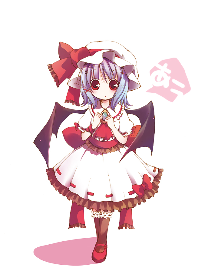 catbell, remilia scarlet, touhou, silver hair, 1girl, bat wings, blush, brown socks, dress, female focus, full body, hat, kneehighs, looking at viewer, mob cap, puffy short sleeves, puffy sleeves, red eyes, shoes, short hair, short sleeves, socks, solo, standing, tareme, white dress, wings
