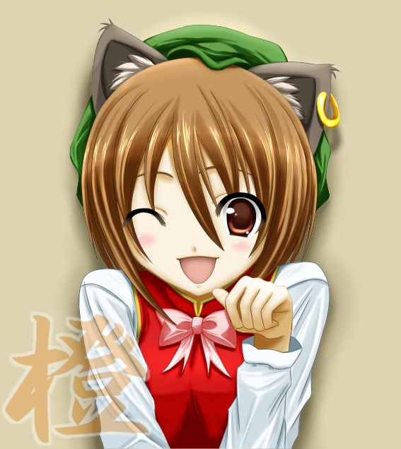 kaguyahime, chen, touhou, bad id, bad pixiv id, 1girl, animal ears, blush, brown hair, cat ears, cat girl, character name, earrings, female focus, hat, jewelry, one eye closed, open mouth, paw pose, ribbon, short hair, single earring, smile, solo, wings, wink