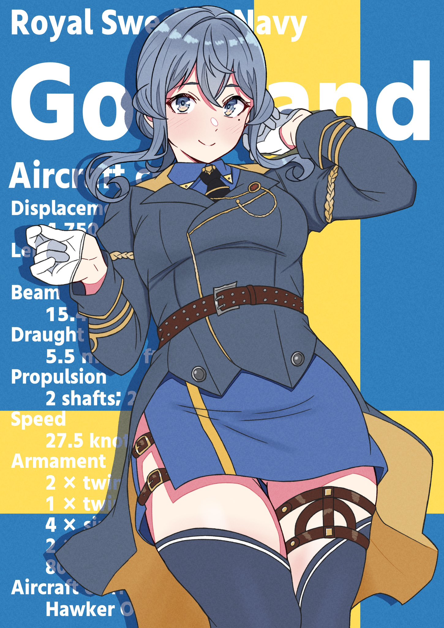 nanafumi (nanafumino), gotland (kancolle), kantai collection, highres, 1girl, blue eyes, blue hair, blue thighhighs, blush, breasts, character name, gloves, hair between eyes, hair bun, half gloves, long hair, long sleeves, looking at viewer, medium breasts, military uniform, mole, mole under eye, shirt, shrug (clothing), single hair bun, skirt, smile, solo, stats, sweden, swedish flag, thighhighs, white gloves