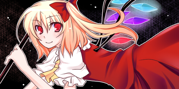 shino (artist), shino (mijinko), flandre scarlet, touhou, bad id, bad pixiv id, 1girl, black background, blonde hair, blouse, female focus, from side, hair between eyes, ponytail, shirt, short hair, short hair with long locks, solo, white shirt, wings