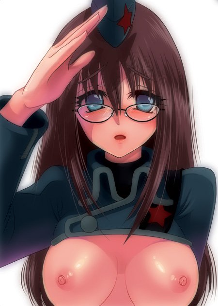 108 gou, slice slime (artist), kinon bachika, tengen toppa gurren lagann, uniform, 00s, 1girl, blue eyes, blush, breasts, brown hair, female focus, glasses, hat, large breasts, long hair, nipples, salute, solo