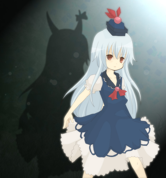 shio tomohisa, ex-keine, kamishirasawa keine, touhou, bad id, bad pixiv id, 1girl, blue hair, female focus, gradient background, hat, horns, long hair, ribbon, solo, standing