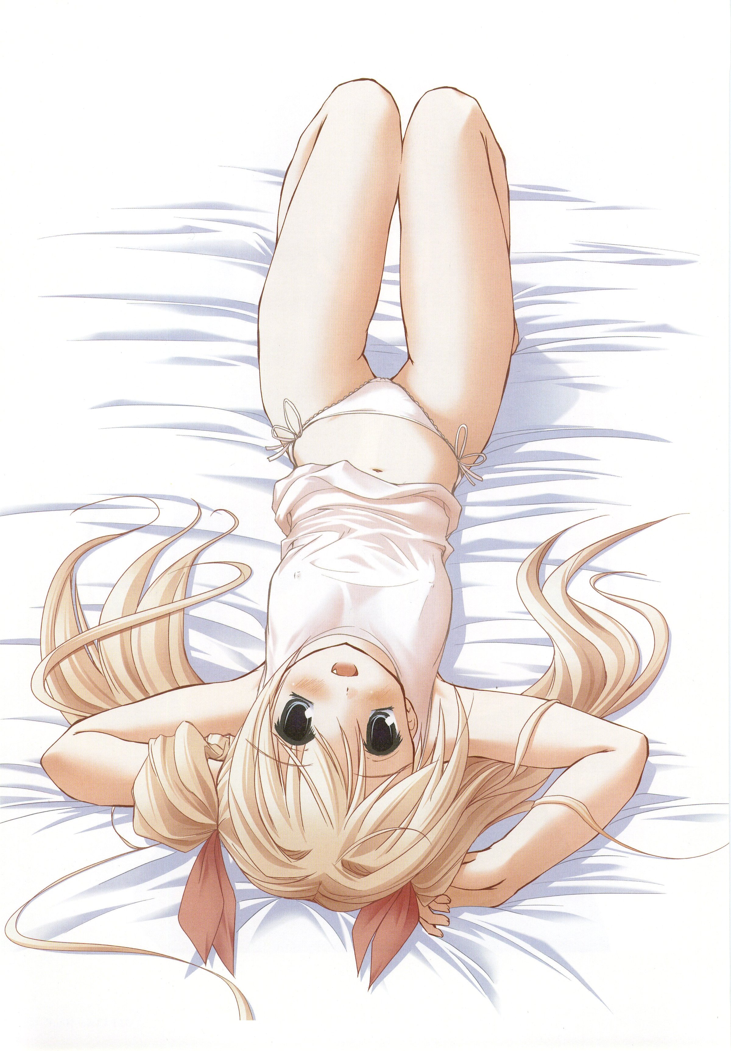 nimura yuuji, mikoshiba rea, clover (series), clover heart's, saiga (company), absurdres, highres, 1girl, bed, blonde hair, blush, breasts, camisole, covered erect nipples, fang, female focus, long hair, lying, medium breasts, midriff, on back, panties, side-tie panties, small breasts, solo, thigh gap, thighs, twintails, underwear