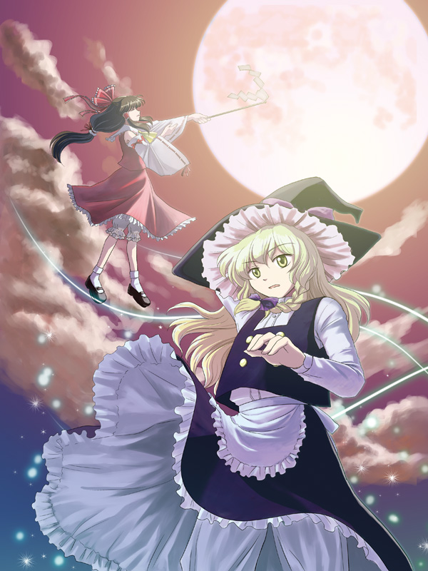 hashiyamoto, hakurei reimu, kirisame marisa, touhou, bad id, bad pixiv id, 2girls, apron, blonde hair, bloomers, cloud, female focus, flying, full moon, hat, japanese clothes, long hair, miko, moon, multiple girls, ribbon, sky, underwear, white bloomers, witch