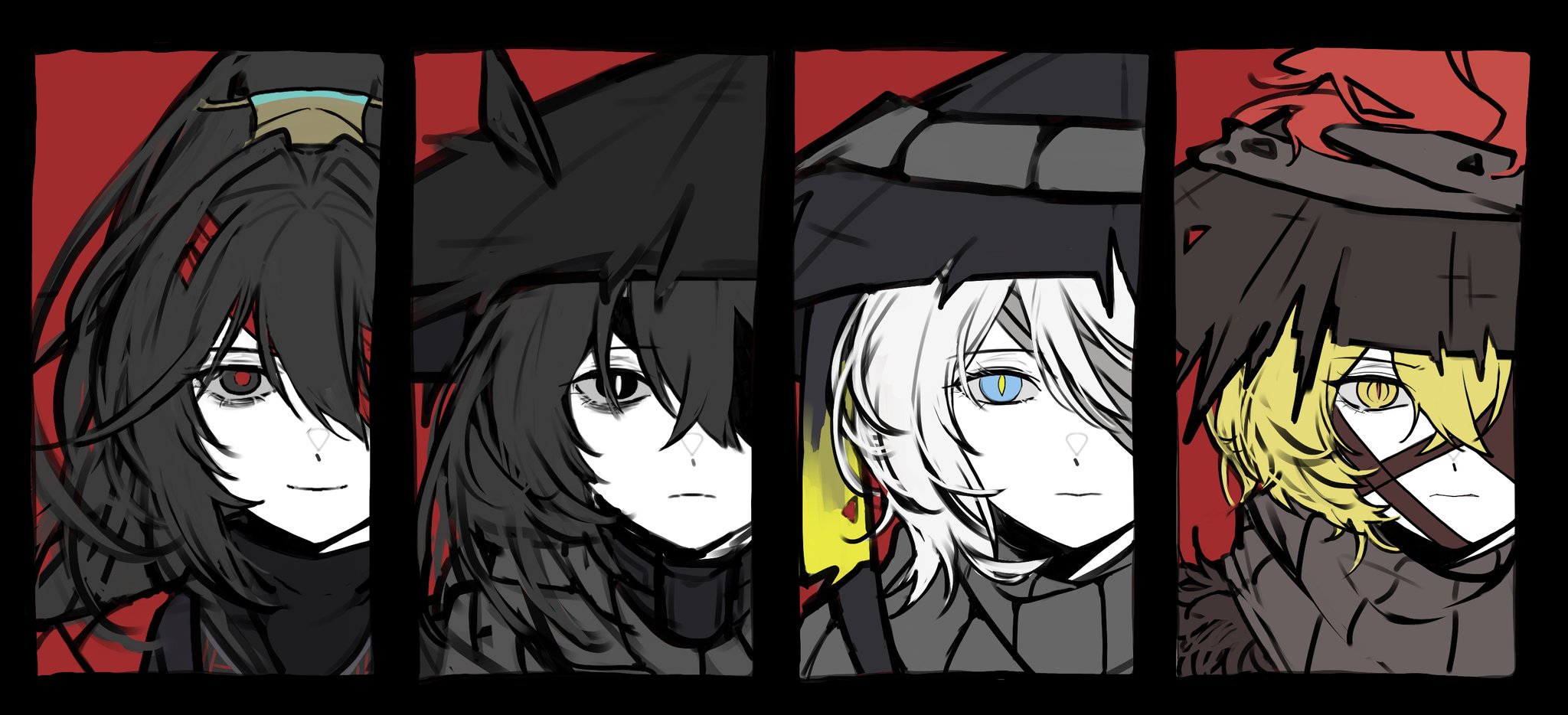d ecember12th, faust (project moon), hong lu (project moon), sinclair (project moon), yi sang (project moon), limbus company, project moon, highres, 1girl, 3boys, bandage over one eye, black border, black eyes, black hair, blue eyes, border, conical hat, family hierarch candidate (identity) (project moon), feathered cloak, feathers, grey scarf, heishou pack-mao branch (identity) (project moon), heishou pack-wu branch (identity) (project moon), heishou pack-you branch (identity) (project moon), high ponytail, long hair, looking at viewer, multiple boys, ponytail, red background, red feathers, scarf, simple background, upper body, white hair, yellow eyes