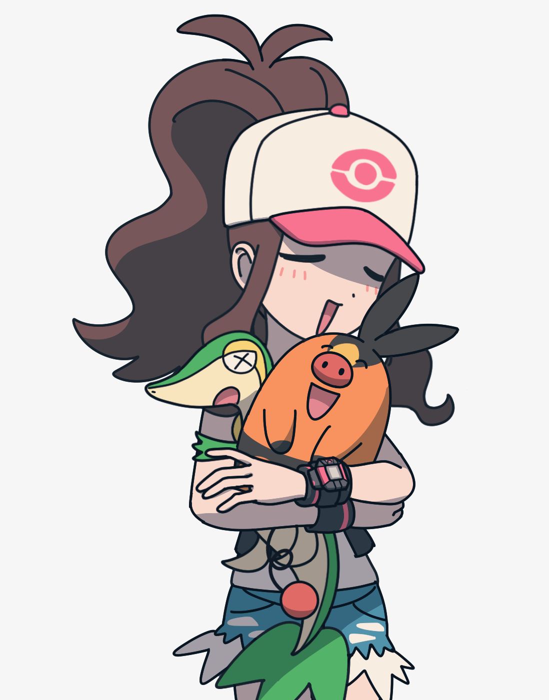 feiyang02, hilda (pokemon), snivy, tepig, nintendo, pokemon, pokemon bw, highres, 1girl, baseball cap, black vest, denim, denim shorts, exposed pocket, gen 5 pokemon, hat, high ponytail, hug, open clothes, open vest, pokemon (creature), ponytail, shorts, vest, wristband