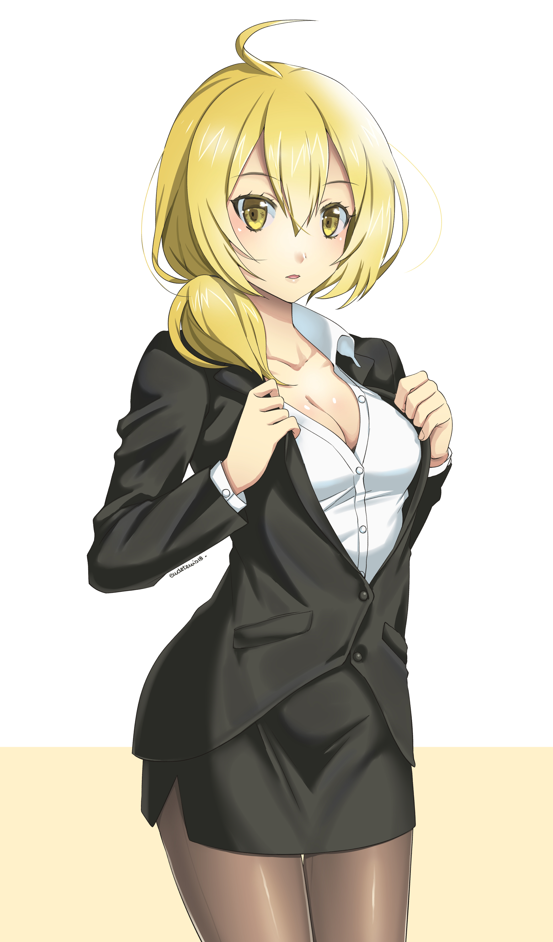 eudetenis, ramza beoulve, final fantasy, final fantasy brave exvius, war of the visions: final fantasy brave exvius, absurdres, clip studio paint (medium), commission, highres, black skirt, breasts, business suit, button gap, collared shirt, formal clothes, genderswap, genderswap (mtf), partially unbuttoned, pectoral cleavage, pectorals, pencil skirt, shirt, skirt, skirt suit, suit, unbuttoned, white shirt
