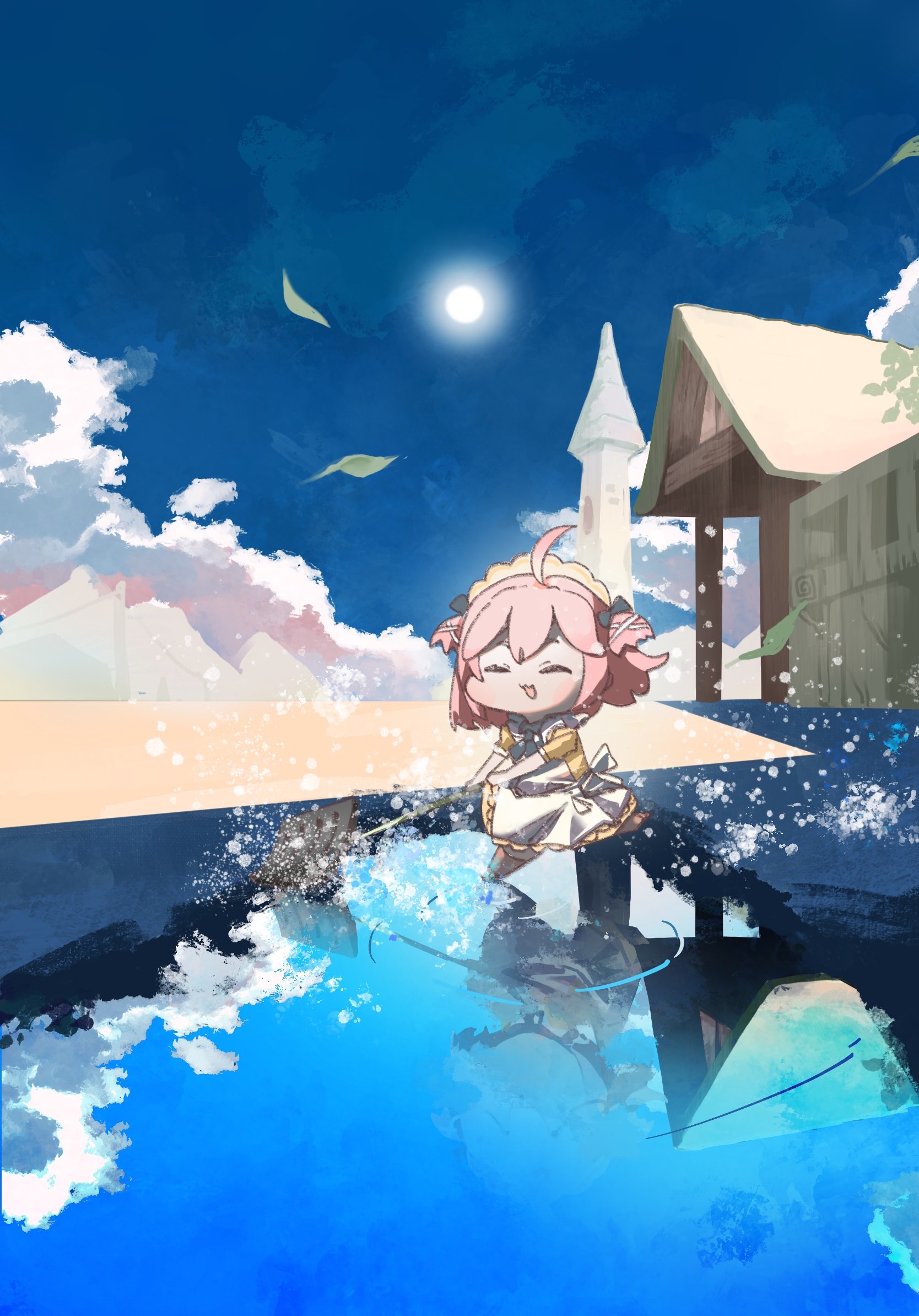bellpeu15, trickcal, highres, 1girl, :3, ahoge, apron, black bow, blue sky, bow, chibi, closed eyes, cloud, crepe (trickcal), dress, full body, hair bow, hair ornament, house, leaf, maid, maid apron, maid headdress, open mouth, pink hair, reflection, reflective water, ripples, shovel, sky, smile, snow shovel, solo, sun, tower, x hair ornament, yellow dress